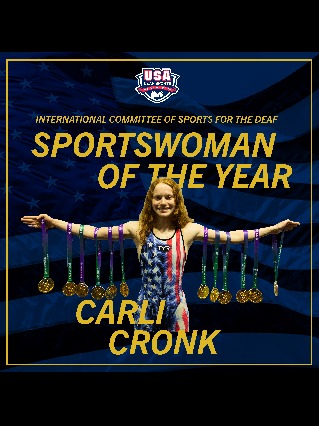 Graphic showing Carli Cronk holding up 12 medals